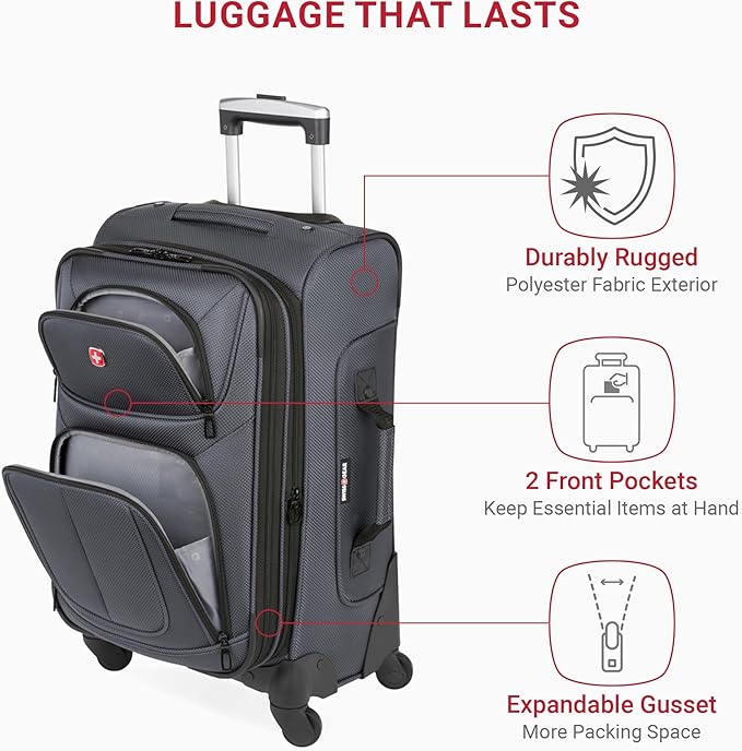 SWISSGEAR Sion Softside Expandable Spinner Luggage Durable Lightweight Travel Suitcase, Dark Grey, Carry-On