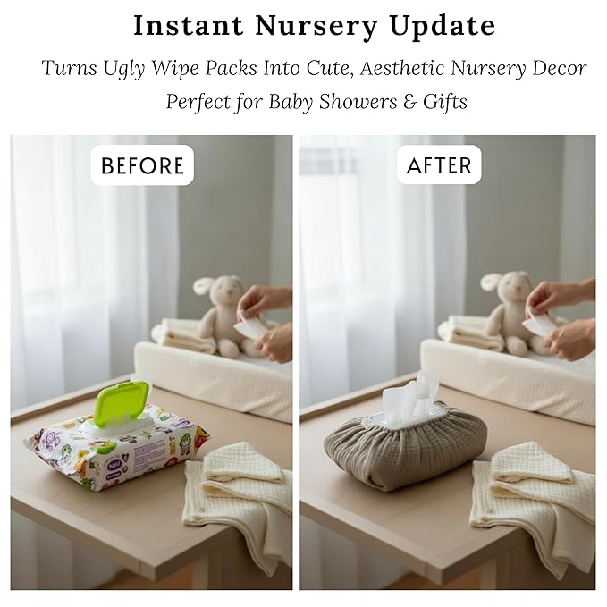 Baby Wipes Cover – Universal Size, One Size Fits All Wipes Packages | Muslin Cotton Tissue Cover for Nursery, Diaper Bag & Changing Table, Station | Gingham & Neutral Patterns (Sand)