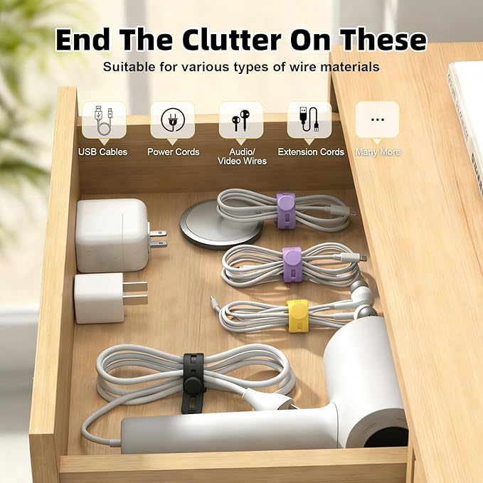 Silicone Cable Ties Reusable, Multipurpose Cable Management Organizer, Adjustable Fastening Cable Straps with Locking Buckles, High Elasticity Cord Organizer, Travel Essentials, 7 Colors