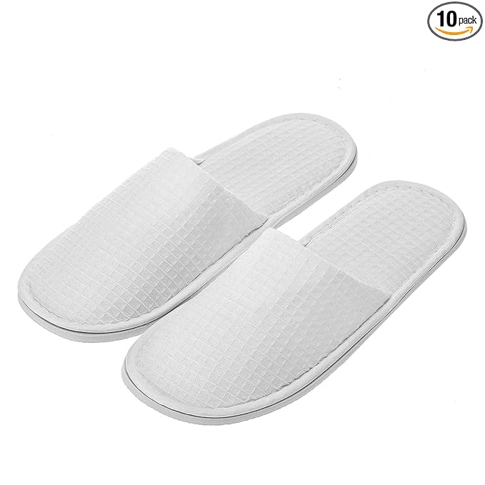AhfuLife 5 Pairs of Waffle Spa Slippers, Closed Toe White Slippers - Fit Most Men and Women for Spa, Party Guest, Hotel and Travel