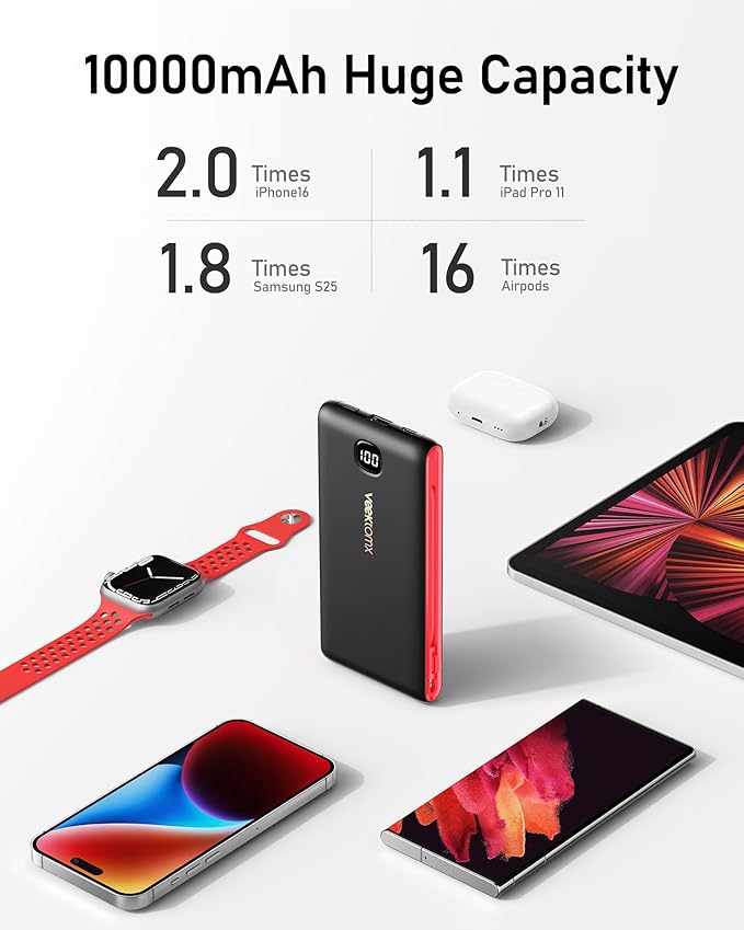 VEEKTOMX Portable Charger with Built in Cables 10000mAh, Power Bank for iPhone with AC Wall Plug, Fast Charging USB C Slim Battery Pack with LED Display Compatible with iPhone 17/16/15, Samsung