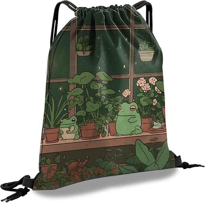 Drawstring Backpack Draw String Sports Bags for Gym Travel Beach Waterproof Cute Sackpack Men Women Aesthetic (13"×17")-Frog