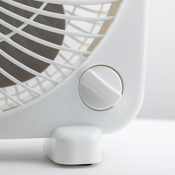 Comfort Zone Box Fan, 9 inch Portable Desk fan, Quiet 3 Speed Mini Fan for Bedroom, Electric Bedside Table Fan, White