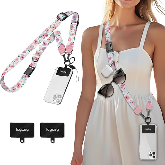 Icycay Phone Lanyard Crossbody, Peony Flower Cell Phone Strap for Around The Neck Adjustable, Anti Theft Cute Lanyard for ID Holder Keys Accessories Travel Essential