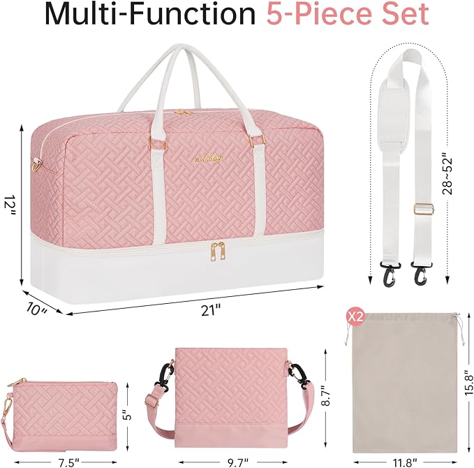 Weekender Bag for Women, 5 Pcs Set Carry on Overnight Bag, 21" Travel Duffel Bag with Waterproof Shoe Compartment for Weekend Travel Business Trip
