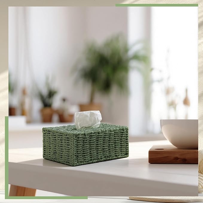 Sage Green Tissue Box Cover Rectangle Natural Paper Rope Hand Woven Tissue Box Holder for Bathroom Living Room Bedroom Kitchen Table Desk Office Farmhouse Home Decor