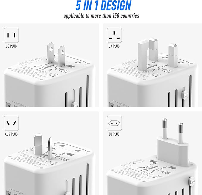 VYLEE Universal International Power Travel Plug Adapter, 5 in 1 European Travel Plug Adapter W/ 3.5A 2xUSB-A and 2xUSB C Wall Charger and Worldwide AC Outlet for Europe USA UK AUS Asia (White Gold)