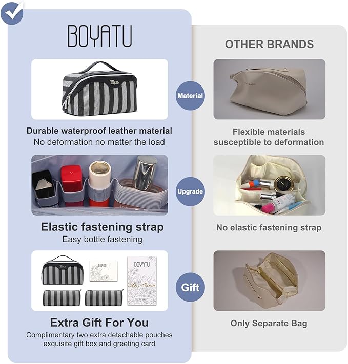 BOYATU Travel Makeup Bag Cosmetic Bag for Women: 3 Pcs Set Striped Make up Bag with Compartments - Waterproof Vegan Leather Toiletry Bag with Handle - Makeup Organizer for Travel Essentials(A-4-Black)