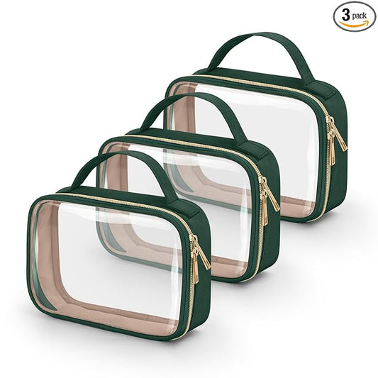Wedama TSA Approved Toiletry Bag, 3 Pack Clear Makeup Bags with Handles, Quart Size Clear Toiletry Bags, PVC Cosmetic Bags for Women and Men, Carry on Airport Airlin (Dark Green, 3 Pack, Medium)