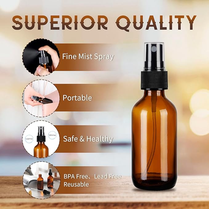 12 Pack Amber Glass Spray Bottles, 2oz/60ml Empty Glass Spray Bottles with Fine Mist, Small Leak Proof Travel Dispenser Bottles for Essential Oils, Bath, Beauty, Hair & Cleaning