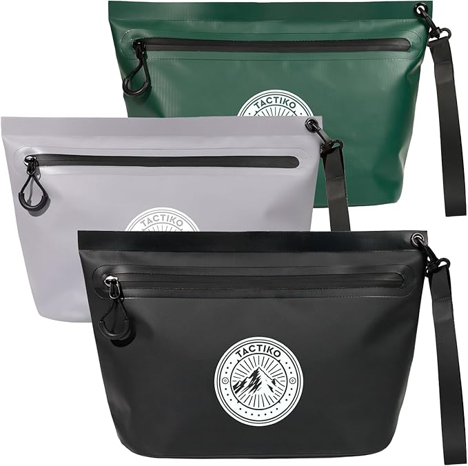 3-Pack Tactiko 3L Water Resistant Pouches - Waterproof Material w/Splashproof Zipper - Hold All Zipper Bags for Storage, Toiletries, Travel, Beach, Cruise, Home (Black/Gray/Green)