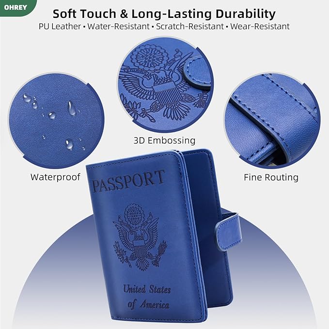 Passport Holder for Travel Family with Slot for AirTag & Luggage Tag Cover, – RFID Blocking Passport Wallet for Women & Men | PU Leather Passport Cover Case with Money Pocket – Blue