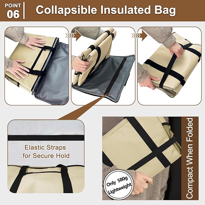 Reusable Grocery Bag – Expandable Insulated Cooler Bag with Bottom Board, Collapsible Insulated Shopping Bag with Zipper & Drawstring, Heavy Duty Tote Bag for Shopping, Delivery, Picnic, Beach
