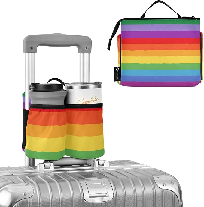 Luggage Cup Holder for Suitcases Free Hands Suitcase Cup Holder Travel Luggage Drink Holder Portable Luggage Cup Caddy Bag Carrier with Handle Vibrant Colorful Stripes