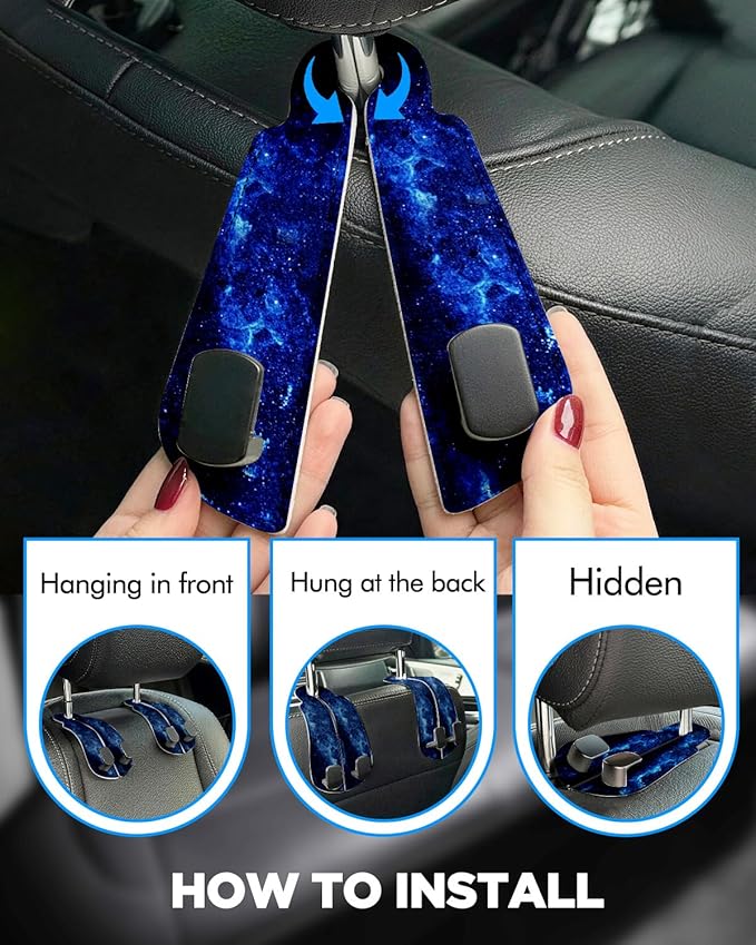 WOCOCN Purse Holder for Car, 2 Pack Heavy Duty Purse Hanger for Car, PU Leather Car Seat Hooks for Purses and Bags, Cute Starry Sky Headrest Organizer for Handbags & Backpacks