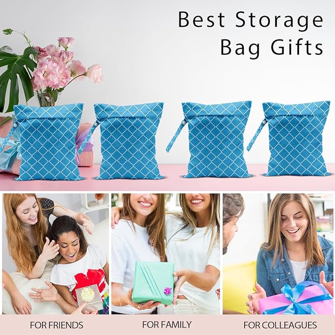 Wet Bag, 4Pcs Wet Dry Bag Set, Reusable Waterproof Bags with Blue Diamond Lattice for Women, Ideal for Beach Vacations, Pool Days, Travel & Daily Essentials Storage