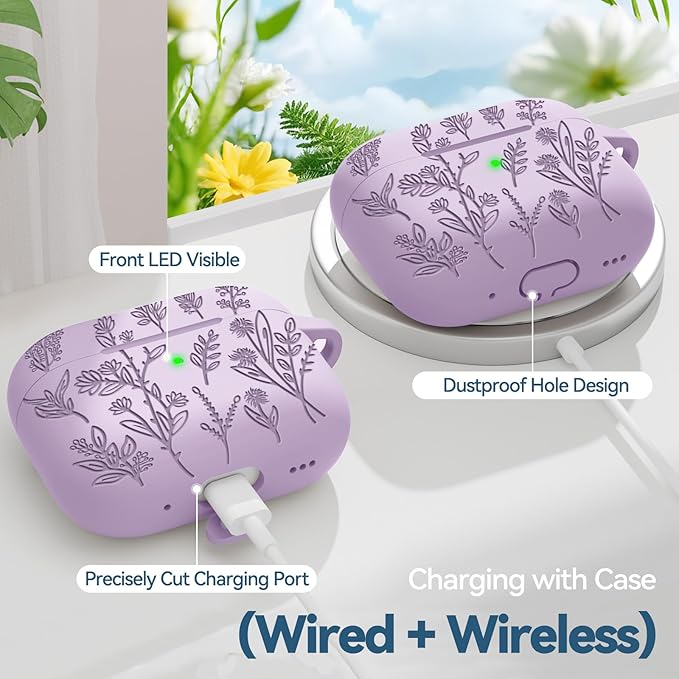for AirPods Pro 2 Case, Ekoonpft Silicone AirPod Pro Cases with 3-in-1 Cleaning Kit & Keychain, Flower Engraved Cover for Apple AirPods Pro 2nd/1st Generation, Shockproof & Anti-Scratch