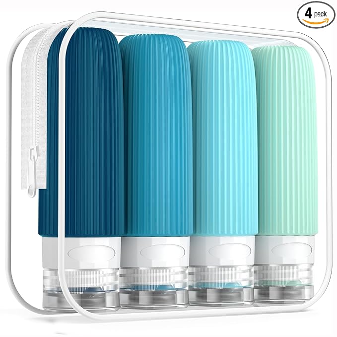 Mrsdry Travel Bottles for Toiletries, Tsa Approved 3oz Portable Travel Bottles, BPA Free Leak Proof Squeezable Silicone Travel Size Containers, Travel Accessories with Clear Toiletry Bag (4 Pack)