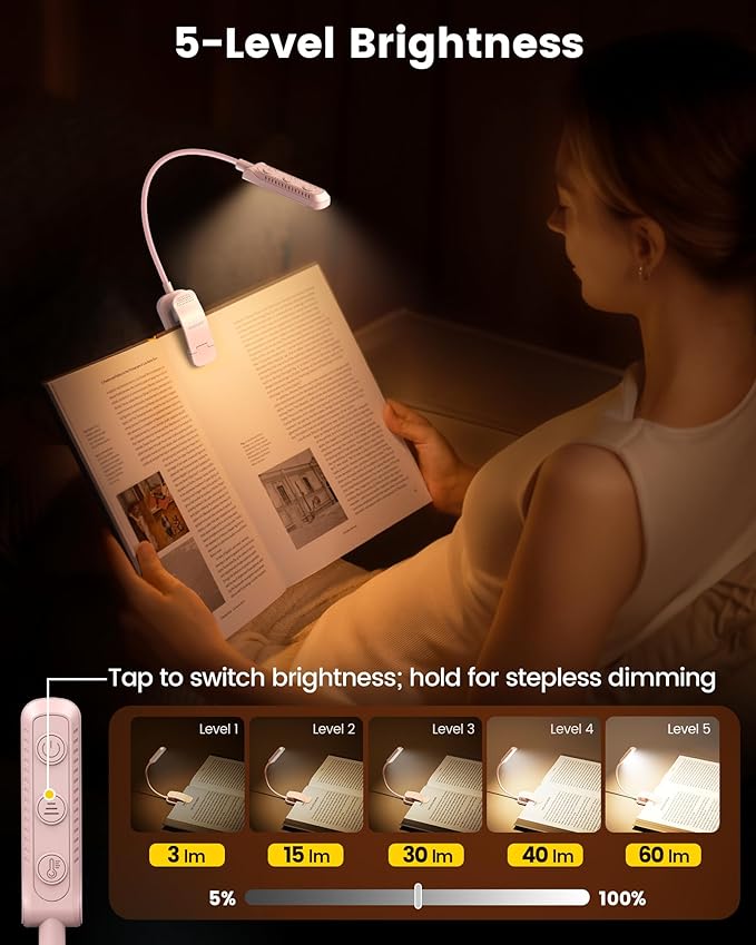 Glocusent 13 LED Rechargeable Book Light for Reading at Night, Eye-Caring 3 Amber Colors & Stepless Dimming, Lasts 1 Week to 2 Months, Travel Clip on Lamp, Gifts for Book Lovers, Men, Women & Kids