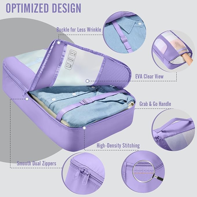 Veken 8 Set Packing Cubes for Travel Essentials,Anti-Wrinkle Buckled Suitcase Organizer for Shoe & Toiletry Bag,Carry On Luggage Bag for Airplane & College Dorm Room Accessories,Women Men Gifts