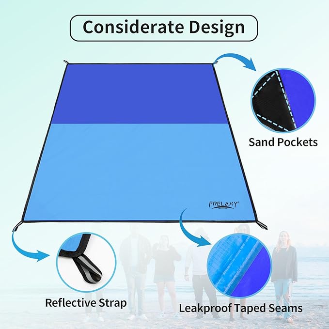 Frelaxy Pocket Picnic Blanket, Waterproof Sandproof Beach Mat, Compact Camping Tarp for Festivals, Hiking, Travel, Outdoor Recreation (Navy & Blue, 35'' x 57'')