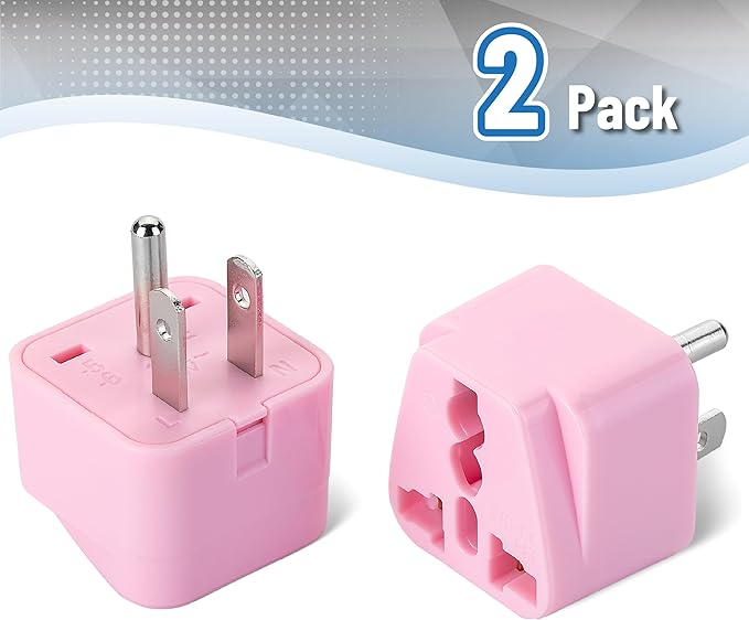 Bates- Universal Travel Plug Adapter, 2 Pack, Pink, Converts EU/UK/AU/Asia Plugs to USA Outlet, Europe to US Plug Adapter, UK to US Outlet, Compact Design for Home, Office