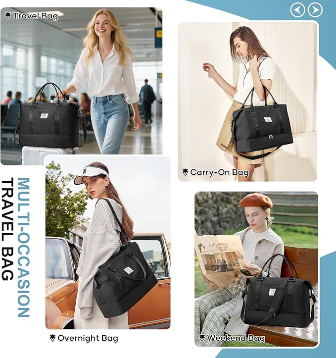 Overnight Weekender Bags for Women,Vacuum Travel Duffel Bag with Air Pump, Personal Item Travel Bag with Shoes Compartment & Compression Pocket,Black