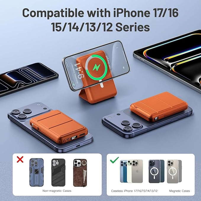 Azmuth for MagSafe Portable Charger, 10000mAh Magnetic Power Bank with 20W PD USB-C Fast Charging LED Display for MagSafe Battery Pack, Magnetic Travel Charger for iPhone 17/16/15/14/13/12 Series