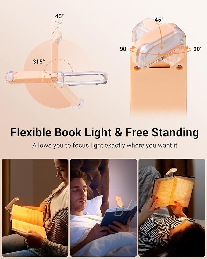 DEWENWILS USB Rechargeable Book Light, LED Clip on Reading Lights for Books in Bed at Night, Portable Bookmark Lamps, 4 Brightness Adjustable, Perfect for Bookworms, Kids (Peach Fuzz)