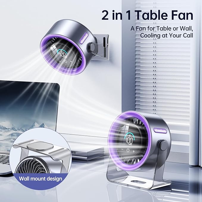 USB Desk Fan for Bedroom: 100 Speeds Digital Display Quiet Portable Fan with Turbo Airflow, 120° Rotating Small Rechargeable Battery Desktop & Wall-Mounted Fans for Bedroom Home Office