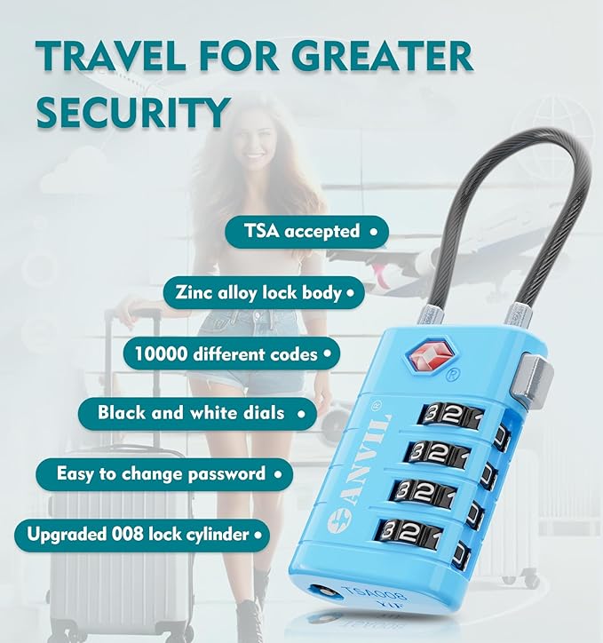 ANVIL TSA Approved Luggage Locks with Search Alert Indicator, 4-Digit Combination Suitcase Lock, Advanced TSA008 Core Heavy Duty Anti-Theft Travel Lock for Double Zippers, Backpacks