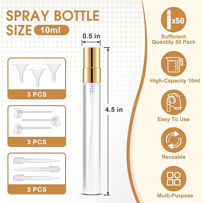 Mini Glass Spray Bottle 50pcs 10ml Clear Spray Bottle Empty, Fine Mist Refillable Mini Perfume Spray Bottle, Perfume Atomizer, Travel Spray Bottle For Hair, Small Empty Sample Containers Portable