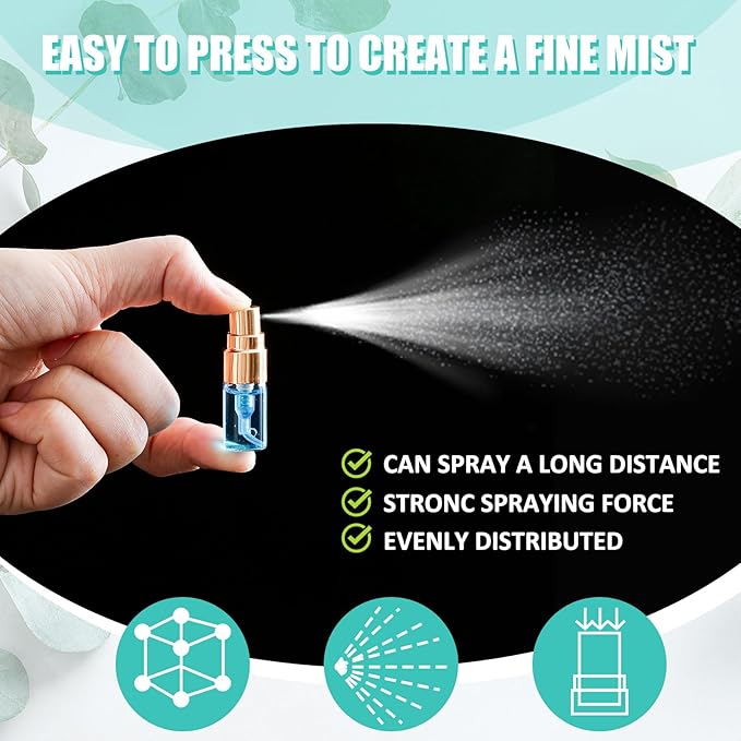 Zhehao 10 Pcs Mini Spray Bottles 2 ml Clear Glass Perfume Bottles Refillable Fine Mist Perfume Atomizer Portable Empty Sample Containers for Cleaning, Essential Oils, Travel (Gold Cap)