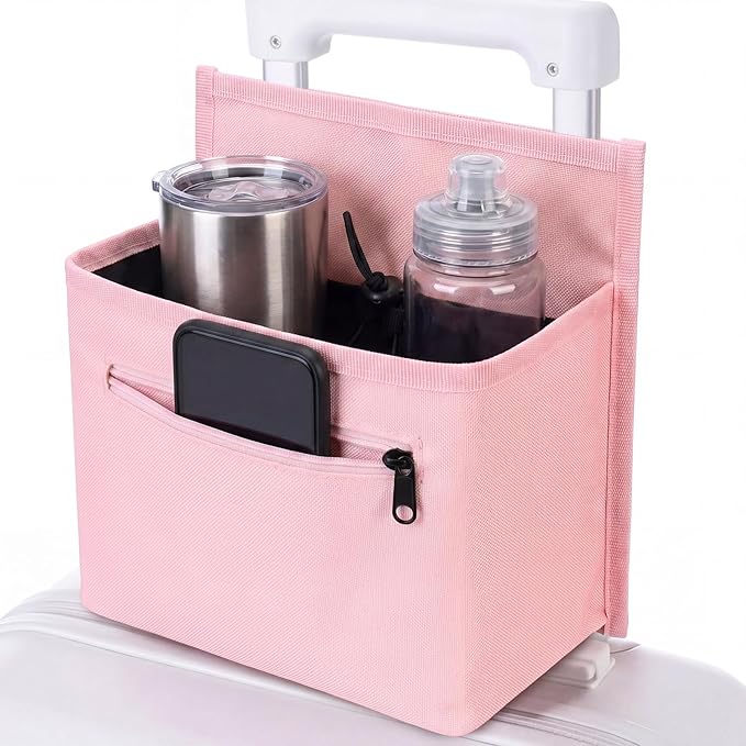 Tallew Luggage Travel Cup Holder Bag for Women, Suitcase Holds 2 Cups Hands-free Drink Organizer Attachment for Luggage, TravelGift for Female Travelers Flight Attendants(Pink)