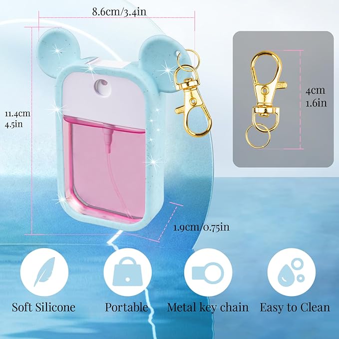 TERPINK 2 Pack Silicone Case Compatible with Touchland Hand Sanitizer Spray 1 fl oz, Mouse Design Protective Case with Keychain, Hand Sanitizer Spray Accessory (Glitter Sequin Blue+Hot Pink)