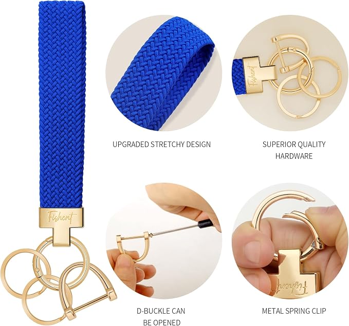 Fishent Stretchy Wristlet Keychain, Cute Key Chain, Woven Wrist Lanyard for Car Keys with 3 Keyrings and D-ring for Women Men