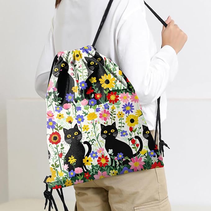 Drawstring Backpack Draw String Sports Bags for Gym Travel Beach Waterproof Cute Sackpack Men Women (13"×17")-Flower Cat