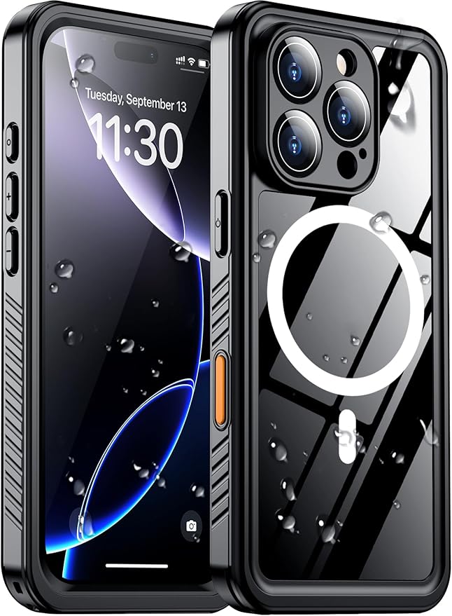 Compatible with iPhone 16 Pro Case Waterproof, Compatible with MagSafe Built-in Screen & Camera Protector IP68 Underwater Full Body 16FT Military Dropproof Shockproof Phone Case 6.3"-Black