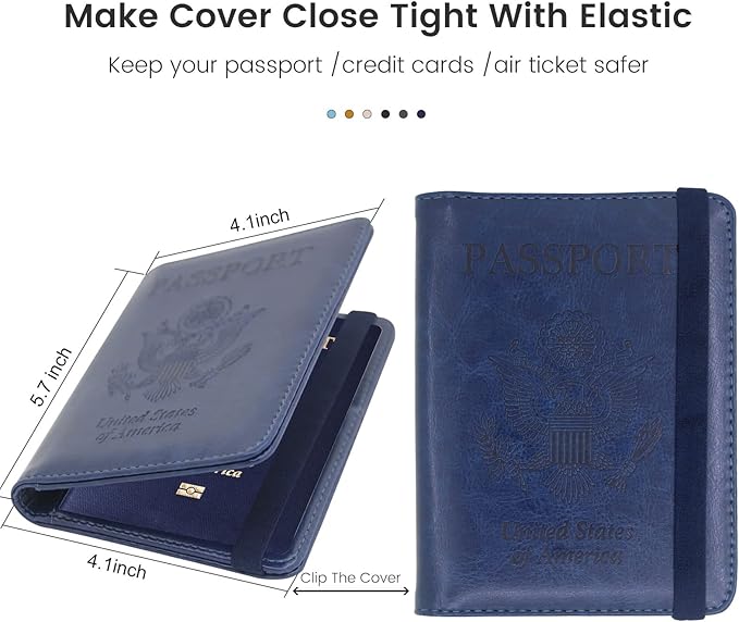 Passport Holder for Travel, RFID Blocking Passport Cover with Vaccine Card Slot, Leather Travel Wallet Combo & ID Organizer for Women, Dark Blue