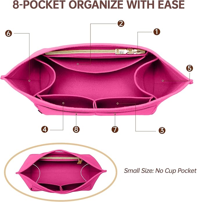 OPPOSHE Purse Organizer Insert for Longchamp Le Pliage, Premium Felt Long Champ Bag Handbag Women, Tote Organizer Insert with 6 Compartments (Small, Rosy)