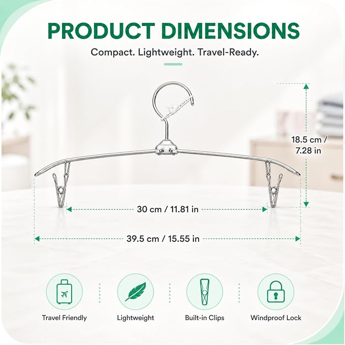 5 Pack Green Travel Hangers with Clips, Portable Stainless Steel Folding Clothes Hangers with Windproof Hook, Heavy Duty Non-Slip Space Saving Hangers for Cruise Essentials, Camping, Hotel