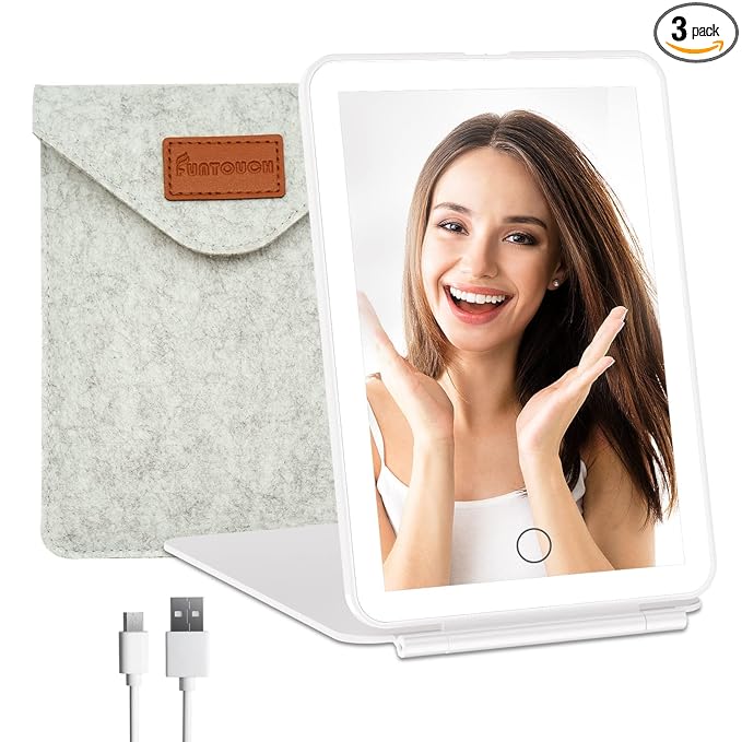 FUNTOUCH Rechargeable Travel Makeup Vanity Mirror with 72 LED Lights, Portable Lighted Beauty Mirror, 3 Lighting Modes, Dimmable Touch Screen, Tabletop Folding Cosmetic Mirror with Storage Bag