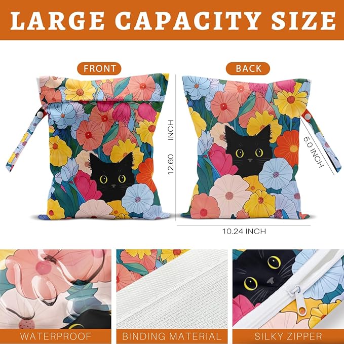Black Cat Wet Dry Bags Reusable Waterproof Wet Bags Floral Swimsuit Bag Diaper Pouch for Travel Swimsuits Diapers Towels Beach Gym Cat Gifts for Women Friend Travelers 10 x 13 Inches