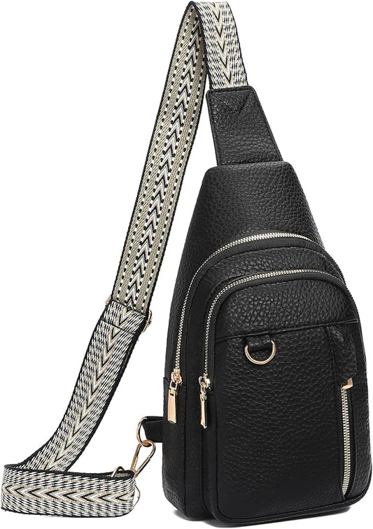 GAEKEAO Sling Bag for Women Vegan Leather Crossbody Bags Travel Fanny Pack Chest Bag Purse with Adjustable Wide Guitar Strap