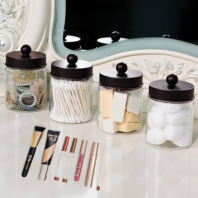 Amolliar Farmhouse Decor Qtip Holder Dispenser for Cotton Swabs,Balls, Cotton Pads, Floss - Clear Plastic Apothecary Jar for Bathroom Canister Storage, Vanity Countertop Makeup Organizer-Bronze (4)