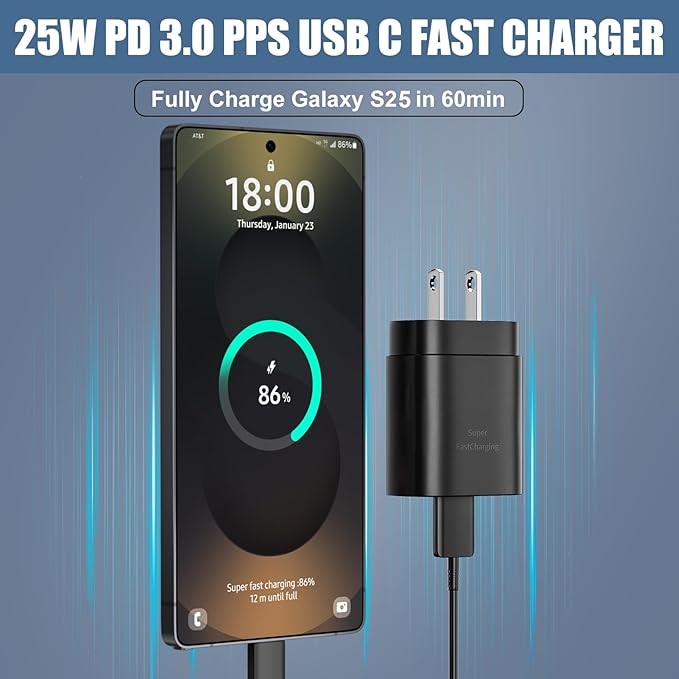 USB C Charger,25W Type C Charger Super Fast Wall Block &12Ft Android Phone Charger Cable Cord for Samsung Galaxy S26/S25/S25 ULtra/S25+/S24/S24 Ultra/S24+/S23/S23 Ultra/S23+/S22/S22 Ultra/S22+/S21