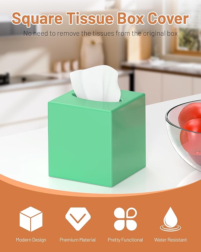 Tissue Box Cover, Square Plastic Tissue Box Holder with Anti Slip Base, Modern Decor Facial Napkin Holder for Bathroom Vanity Countertop, Bedroom Dresser, Night Stand, Parlors, Offices, Green
