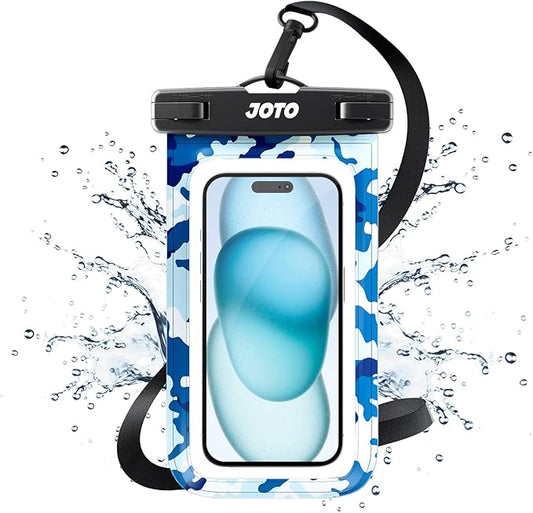 JOTO Up to 7" Universal Waterproof Phone Case for iPhone 17 Air 16 15 14 13 12 11 Plus Pro Max, IPX8 Cellphone Dry Bag XR X SE, Galaxy S23 S22 S21 S20+ S20 S10 Plus Note, Pixel -CamoBlue