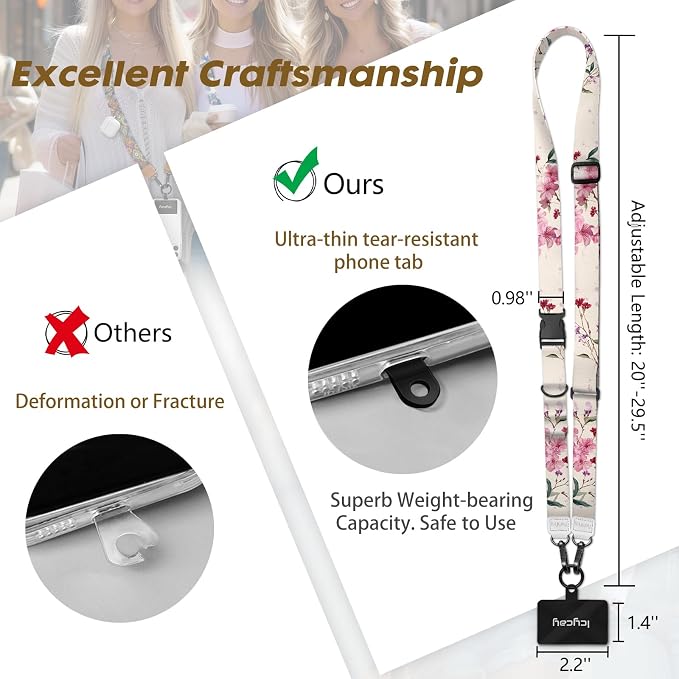 Icycay Phone Lanyard Crossbody, Bloom Floral Cell Phone Strap for Around The Neck Adjustable, Flower Teacher Anti Theft Cute Lanyard for ID Holder Keys Accessories Travel Essential Women