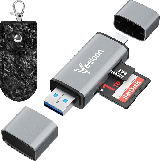 OTG SD Card Reader，Dual Slots USB 3.0 Type C to Micro SD Card Adapter, MicroSD SDHC SDXC Memory Card Viewer with PU Carrying Case for Camera, iPhone 17 16 15 Pro/Pro Max PC Computer MacBook Laptop